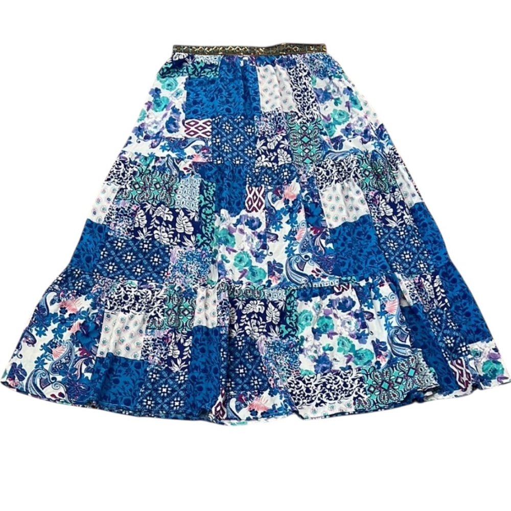 Rusttydustty Boho Blue Patchwork Maxi Skirt XL Embellished Waistband Festival EU - Picture 2 of 11
